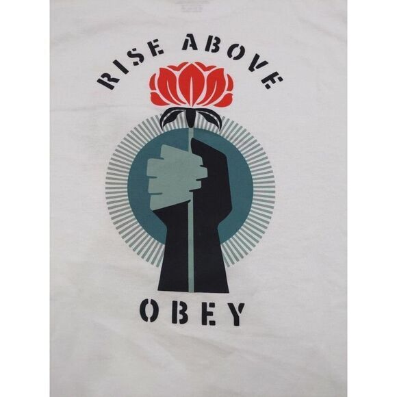 Obey Men's T-Shirt Rise Above Flower Fist White Size S Shepard Fairey - Picture 3 of 7